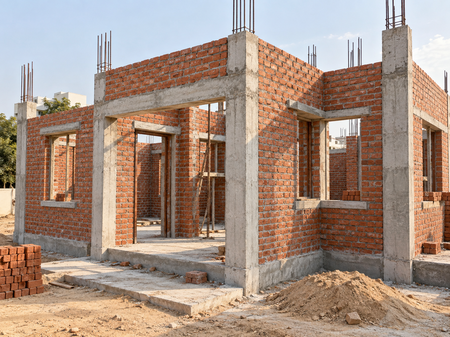 Brick masonry walls under construction