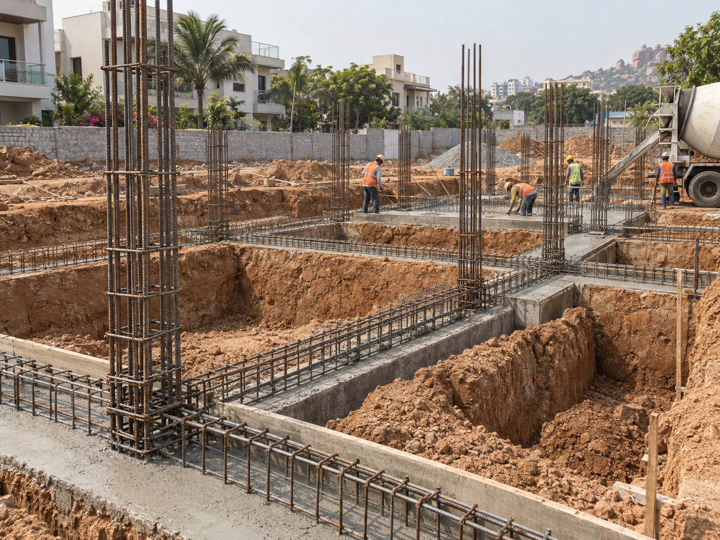 Foundation excavation with reinforced footings